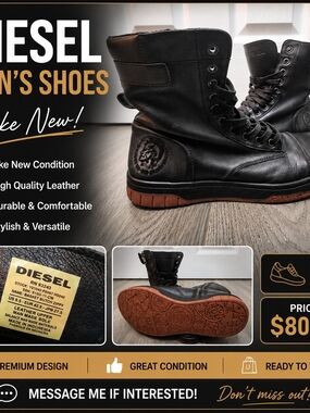 Diesel Black Leather Lace-Up Combat Boots with Brown Tread